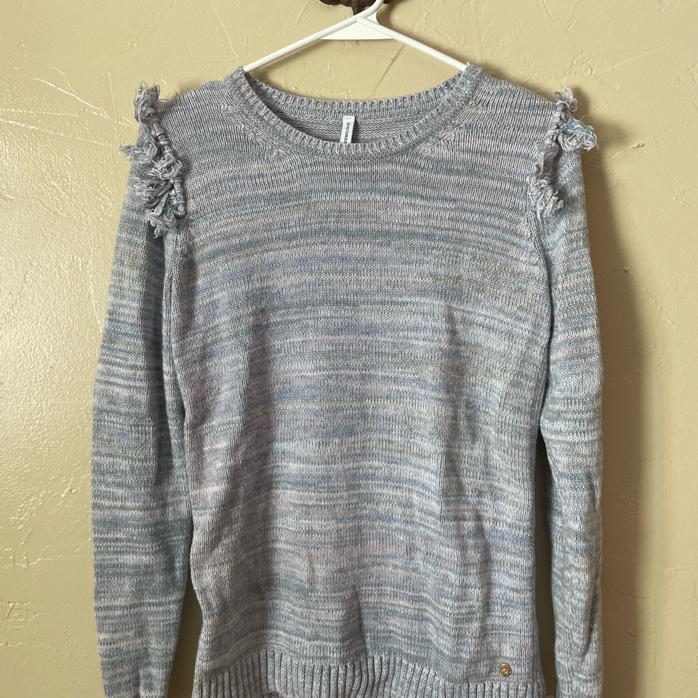 Southern Tide Blue and White Sweater with Fine Knit Texture and Fringe
